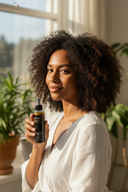 Afro woman holding Bajobee Herbal Growth Oil